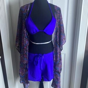VENUS 3 Piece Swimwear Cobalt Blue Triangle Top Shorts Cover-Up NEW